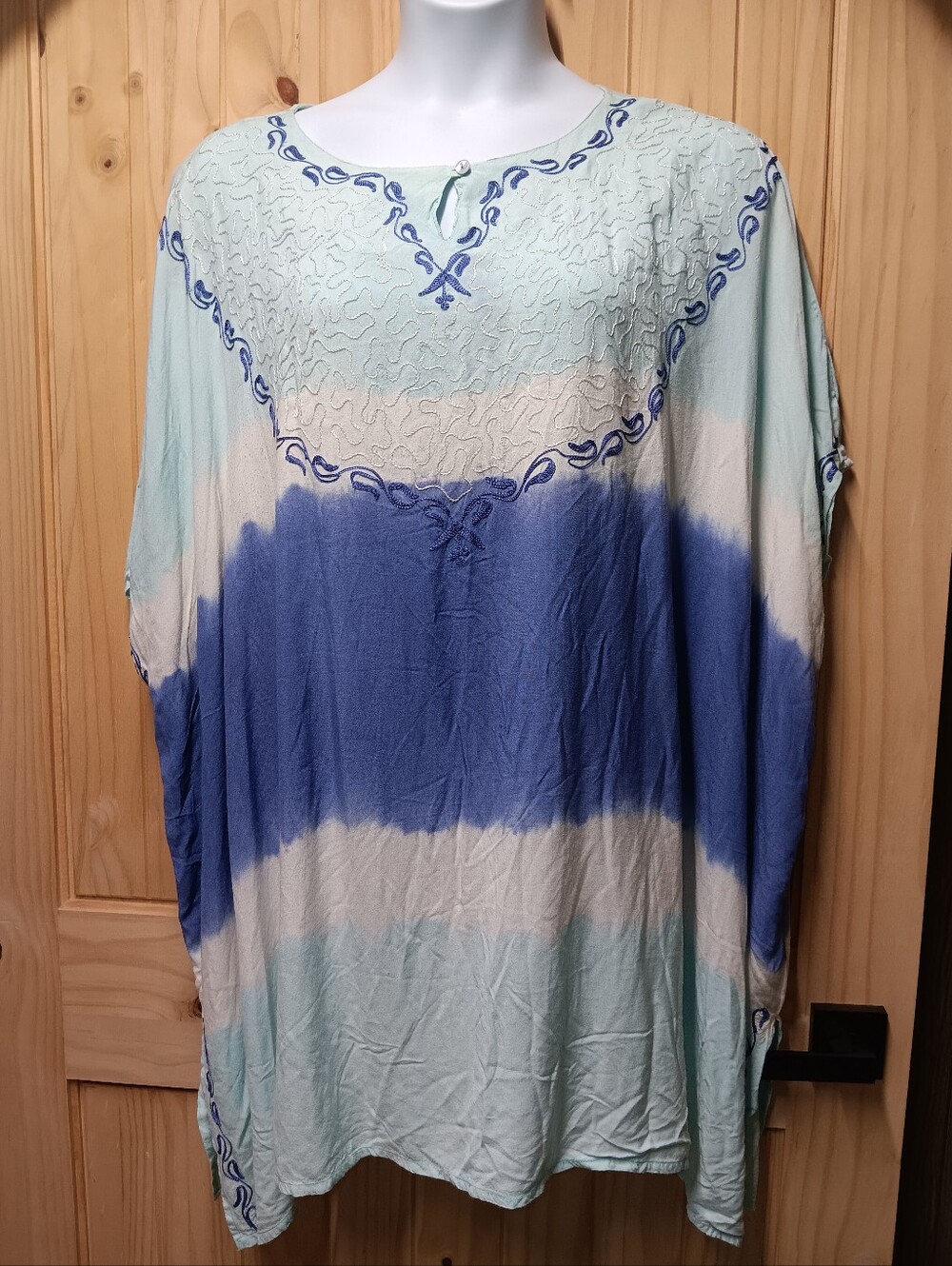 More By Lata Light Aqua and Blue Tie-Dye Embroidered Tunic Or Swimsuit Cover-up
